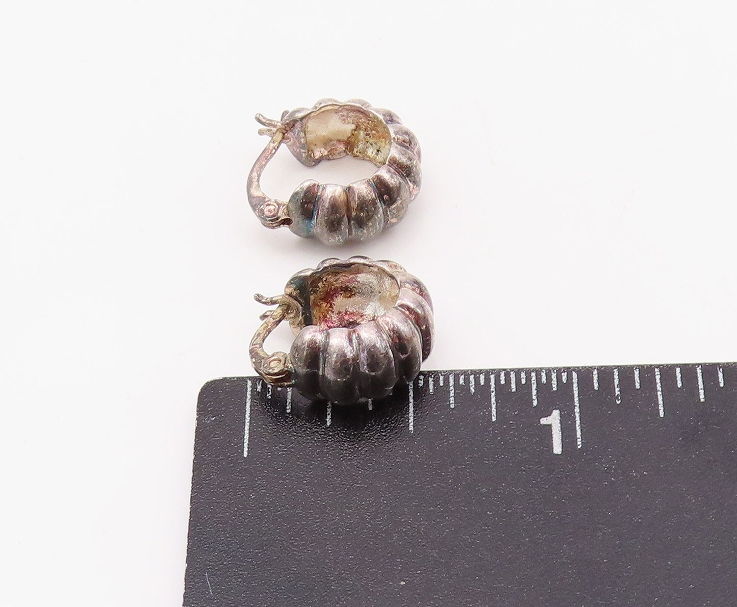 925 Sterling Silver Vintage Earrings Dark Tone Grooved Mini Hoops  EG13650