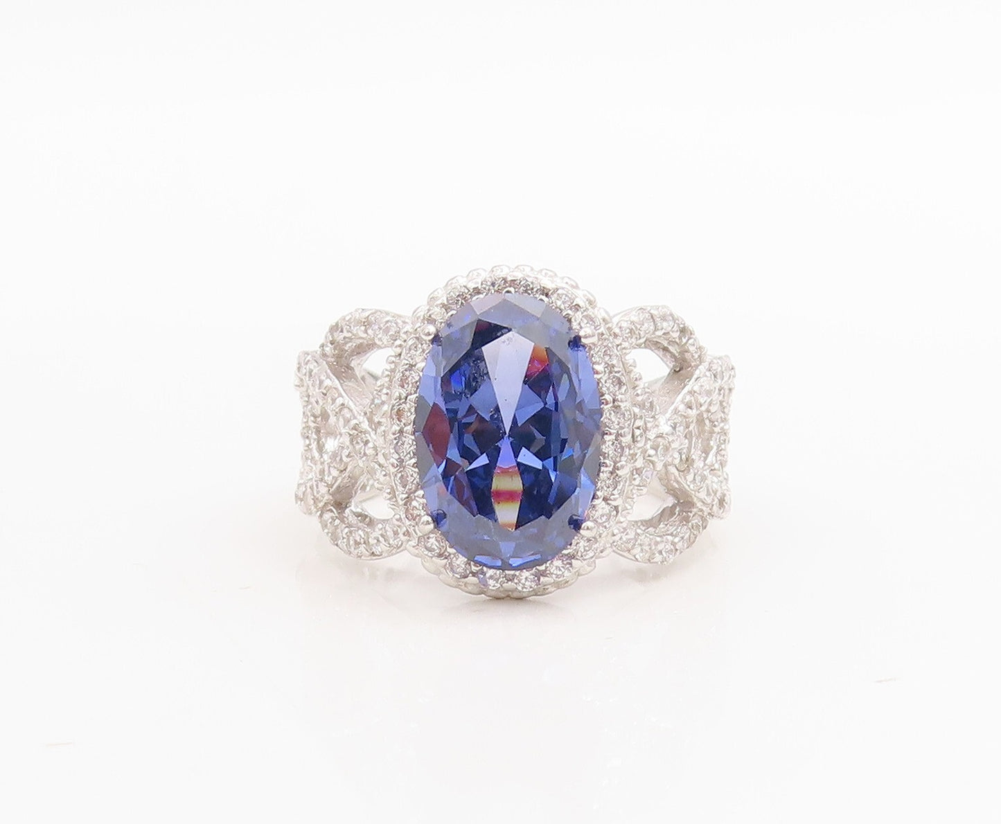 925 Sterling Silver Vintage Ring Designer Cutout Sapphire & CZ  Sz 7.5  RG30522