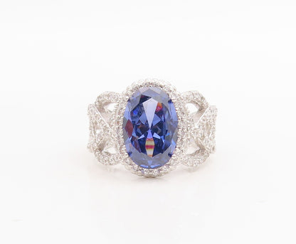 925 Sterling Silver Vintage Ring Designer Cutout Sapphire & CZ  Sz 7.5  RG30522