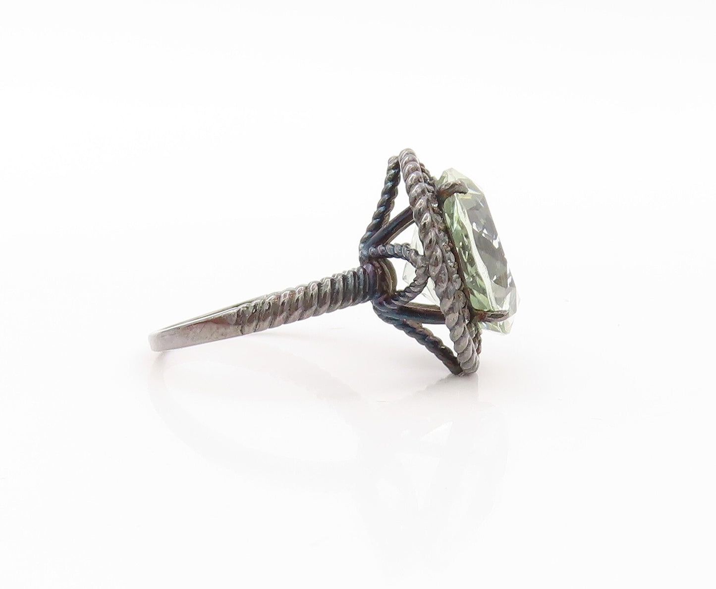 925 Sterling Silver Vintage Ring Twisted Rope Green Amethyst & CZ Sz 7.5 RG30754