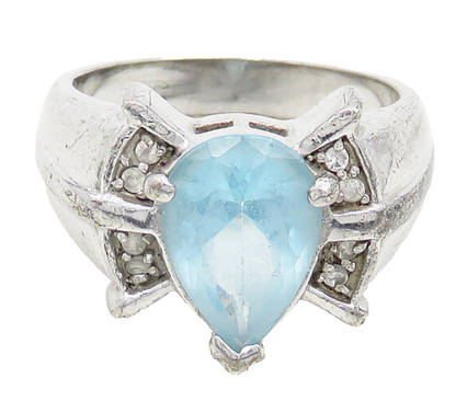 925 Sterling Silver  Vintage Tear Drop Blue Topaz Band Ring Sz 7  RG17667