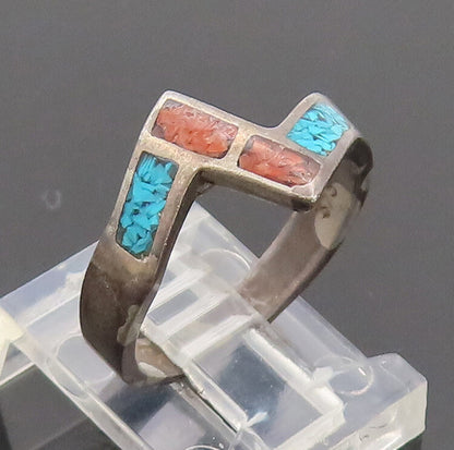 925 Silver Vintage Ring Southwestern Design Inlay Crushed Turquoise Sz 6 RG27551