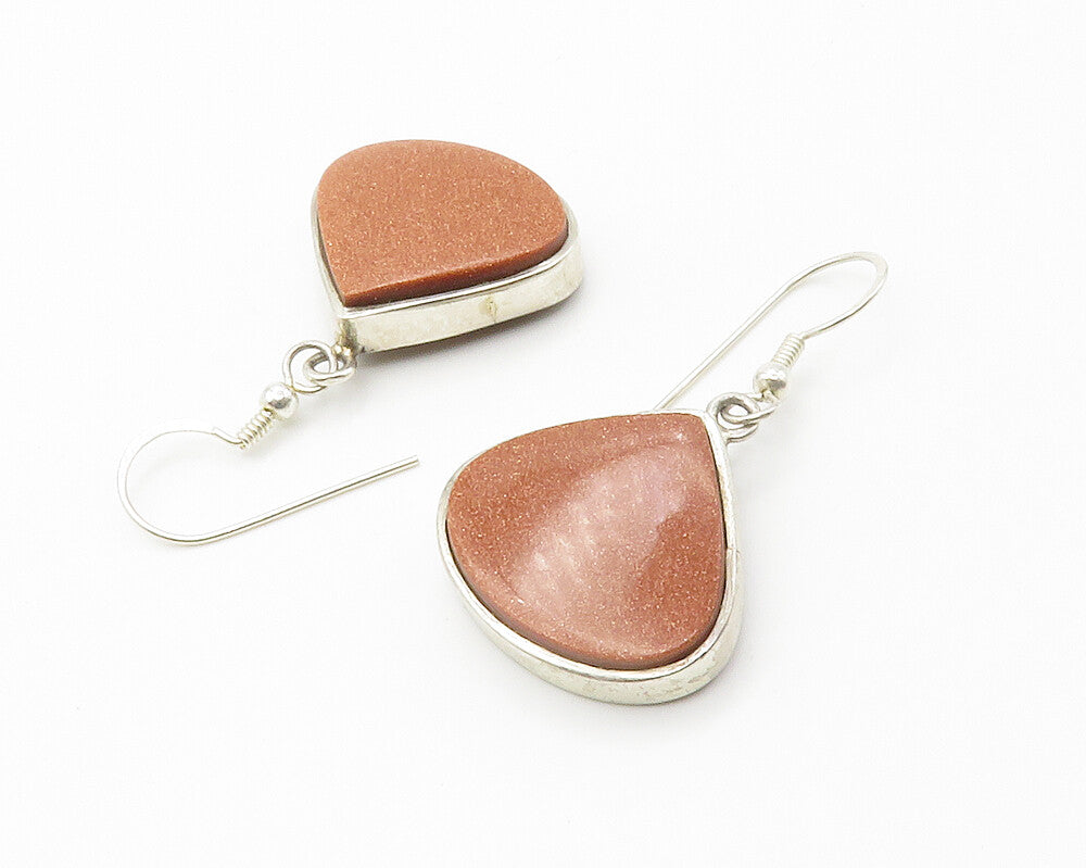 925 Sterling Silver  Vintage Goldstone Shiny Tear Drop Dangle Earrings  EG7406