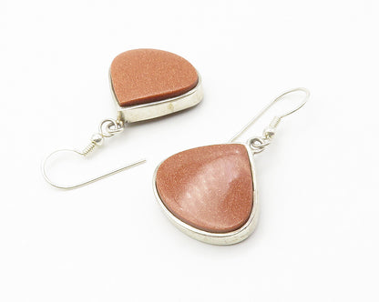 925 Sterling Silver  Vintage Goldstone Shiny Tear Drop Dangle Earrings  EG7406