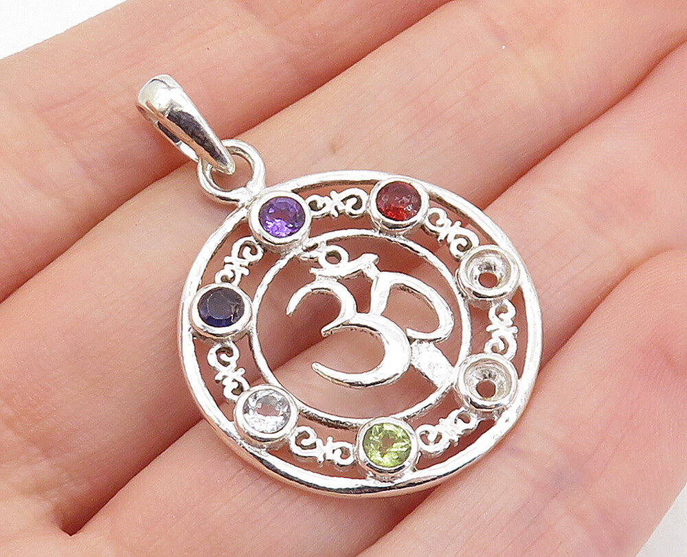 925 Sterling Silver  Topaz Aquamarine Peridot & Amethyst Om Pendant  PT5583