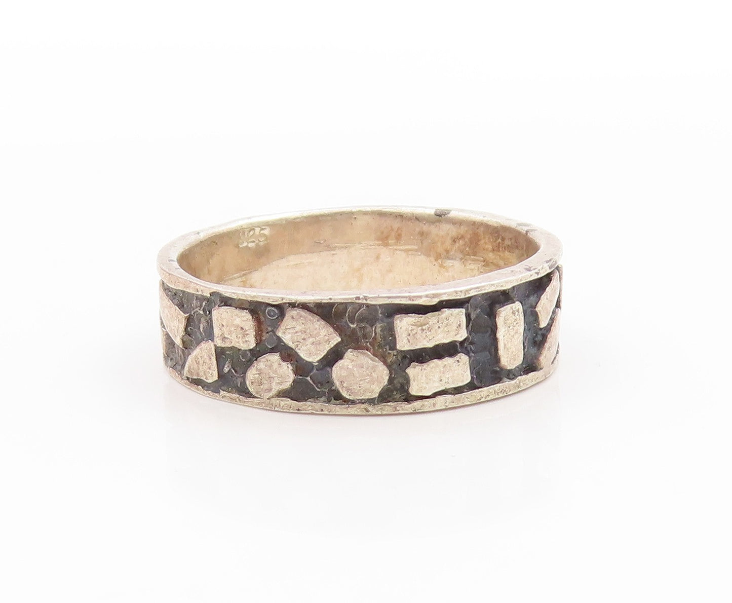 925 Sterling Silver Vintage Ring Modernist Hammered Abstract Band Sz 9.5 RG33759