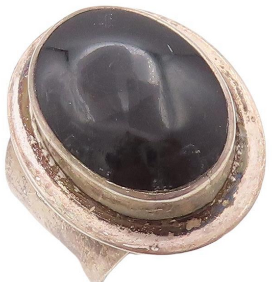 925 Sterling Silver Vintage Ring MEXICO Oval Solid Large Onyx  Sz 8  RG28614