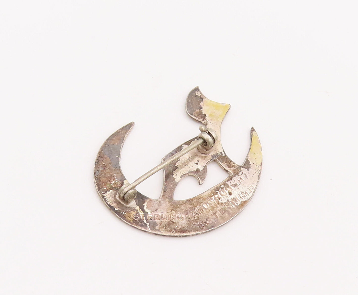 925 Sterling Silver Vintage Brooch Pin Cutout Howling Wolf On Moon  BP11024