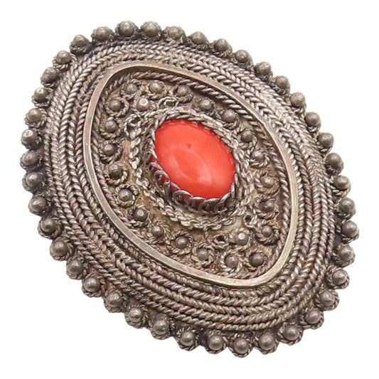 925 Sterling Silver Vintage Brooch ISRAEL Cabochon Coral Statement Pin  BP12440