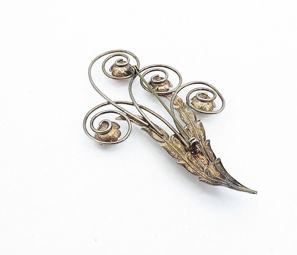 925 Sterling Silver  Vintage Golden Pearls Floral Swirl Brooch Pin  BP1761