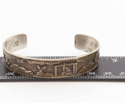 925 Sterling Silver Vintage Bracelet NAVAJO ZUNI Carved Storyteller Cuff BT11590
