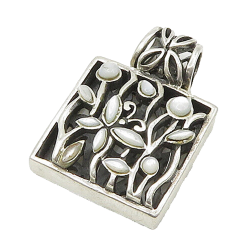 925 Sterling Silver  Vintage Mother Of Pearl Floral Square Pendant  PT17254