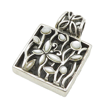 925 Sterling Silver  Vintage Mother Of Pearl Floral Square Pendant  PT17254