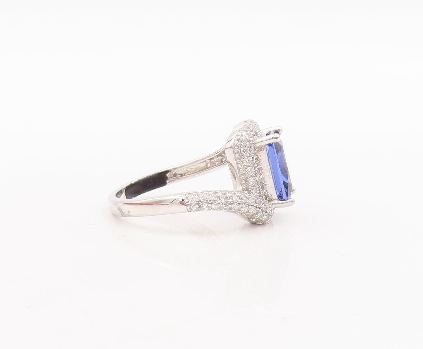 925 Sterling Silver Vintage Ring Designer Rectangle Sapphire & CZ Sz 7 RG29222