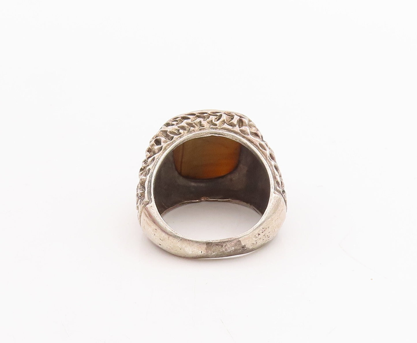 925 Sterling Silver Vintage Ring Brutalist Square Cut Tiger's Eye Sz 9.5 RG28982