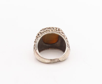 925 Sterling Silver Vintage Ring Brutalist Square Cut Tiger's Eye Sz 9.5 RG28982