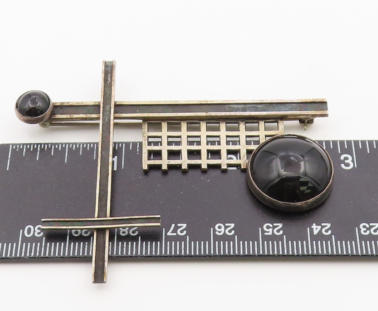 925 Sterling Silver Vintage Brooch Pin Classic Onyx Geometric Sculpture  BP12598