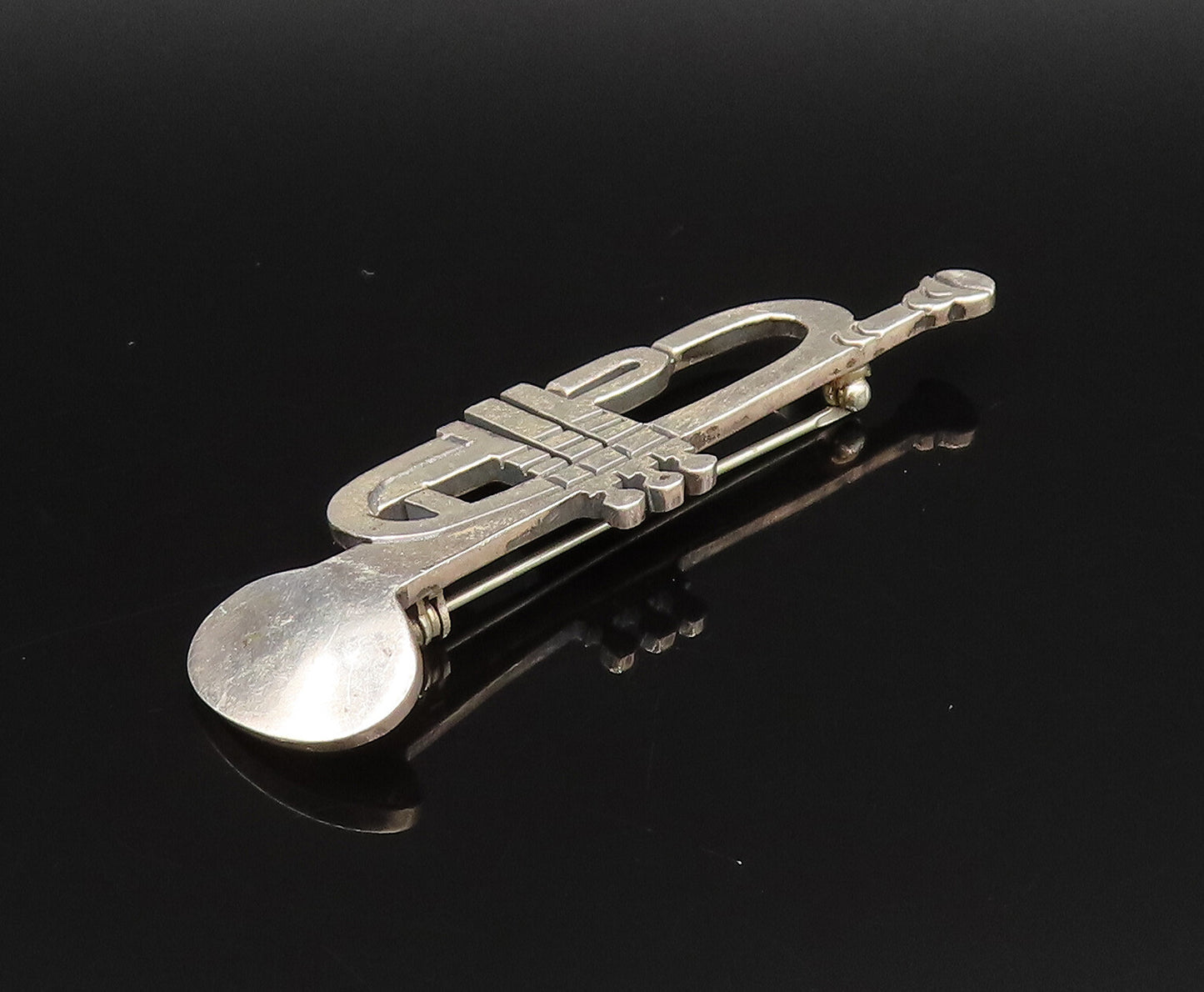 MEXICO 925 Silver  Vintage Engraved Trumpet Instrument Brooch Pin  BP9815