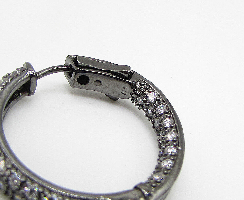 925 Sterling Silver  White Cubic Zirconia Dark Tone Hoop Earrings  EG1441