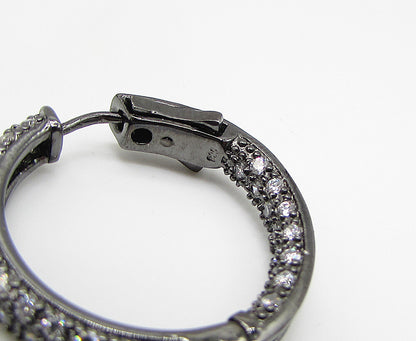 925 Sterling Silver  White Cubic Zirconia Dark Tone Hoop Earrings  EG1441