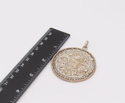 925 Silver  Vintage Carved Chinese Dragon & Swirly Cutout Ends Pendant PT22048