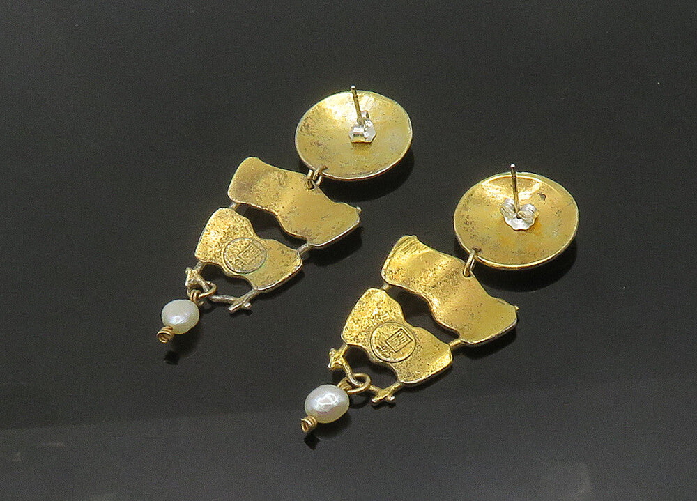 KW 925 Silver & 14K GOLD  Vintage Baroque Pearl 2 Tone Drop Earrings  EG10576