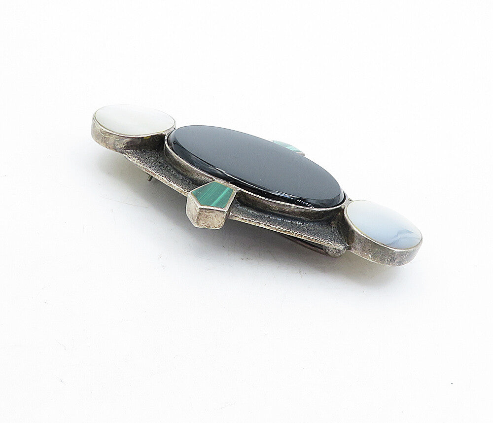 925 Silver  Vintage Black Onyx Mother Of Pearl & Malachite Brooch Pin  BP1753