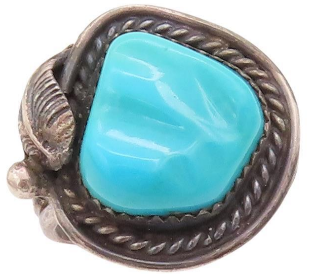 925 Sterling Silver Vintage Ring NAVAJO Floral Carved Turquoise  Sz 7  RG28336