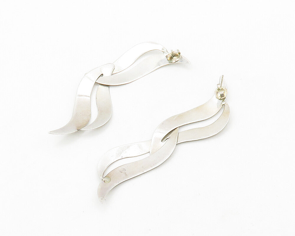 DESIGNER 925 Silver  Vintage Shiny Ribbons Smooth Dangle Earrings  EG9757
