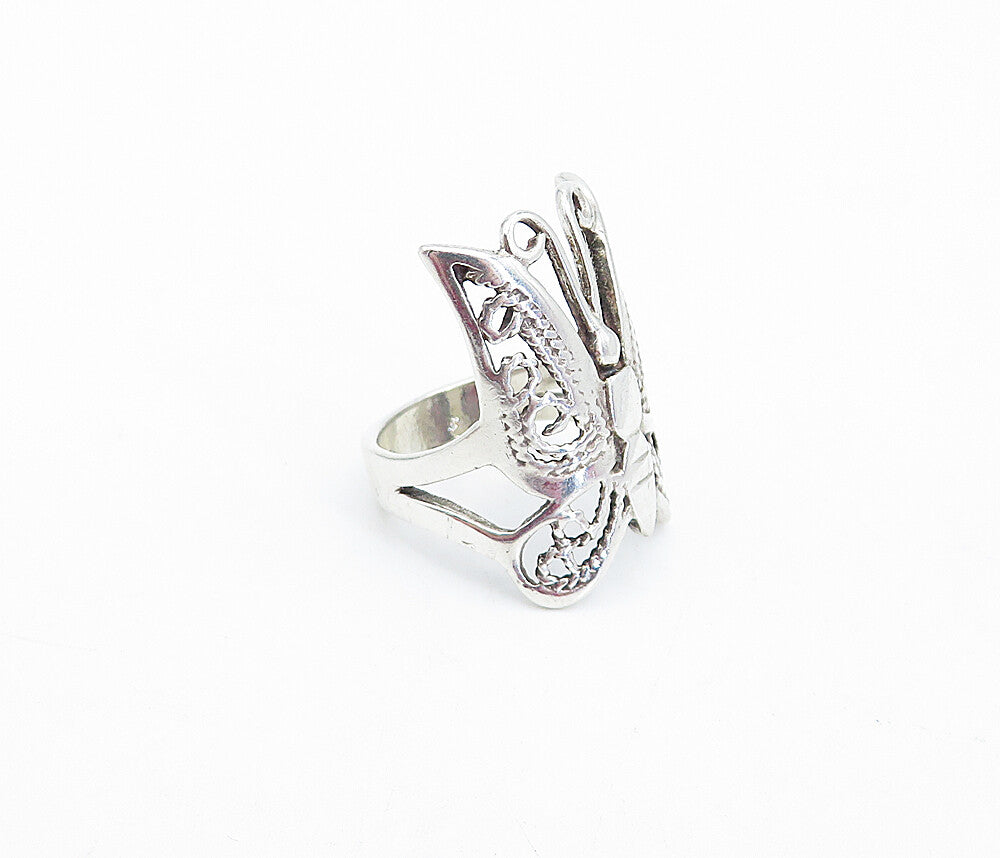925 Sterling Silver Shiny Twist Detail Butterfly Motif Band Ring Sz 6 RG3803