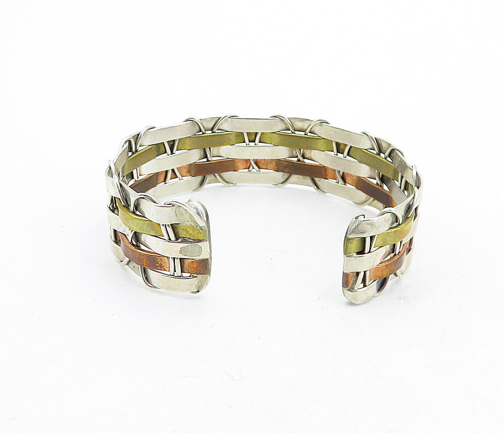 MEXICO 925 Sterling Silver  Vintage Shiny Three Tone Cuff Bracelet  BT1957