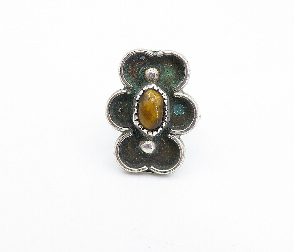 NAVAJO 925 Sterling Silver Vintage Tiger's Eye Oxidized Ring Sz 5.5 RG7981