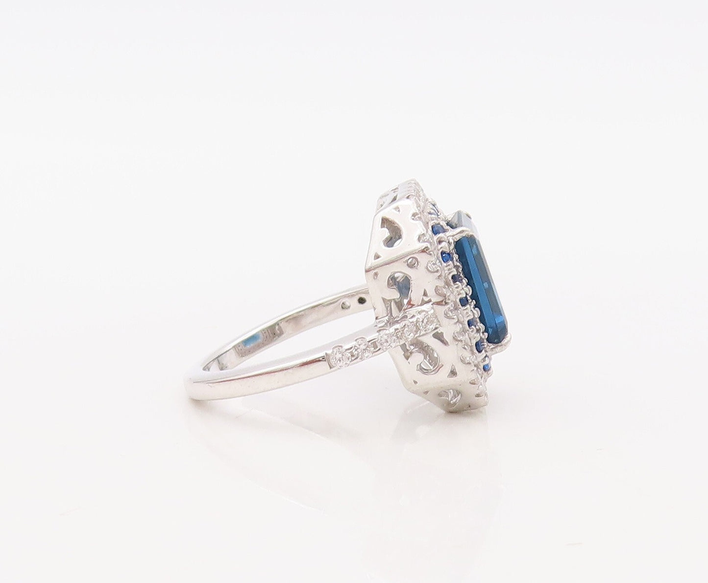 925 Sterling Silver Vintage Ring Designer Rectangle Sapphire & CZ  Sz 7  RG30665