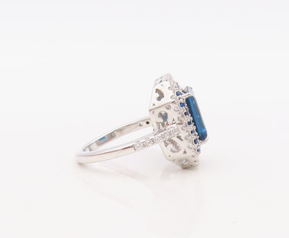 925 Sterling Silver Vintage Ring Designer Rectangle Sapphire & CZ  Sz 7  RG30665