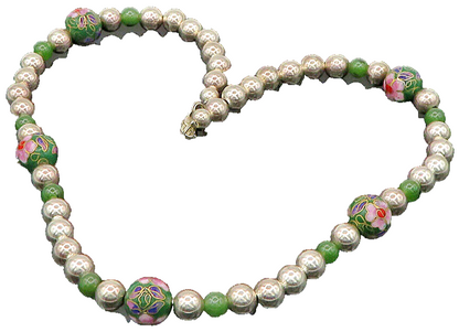 925 Sterling Silver  Vintage Jade & Enamel Floral Beaded Chain Necklace NE3489