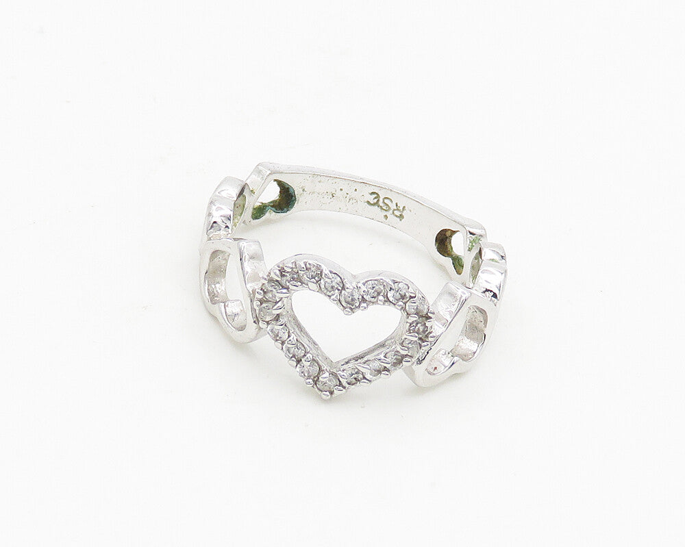 925 Sterling Silver  Shiny Topaz Open Love Hearts Band Ring Sz 7  RG18509