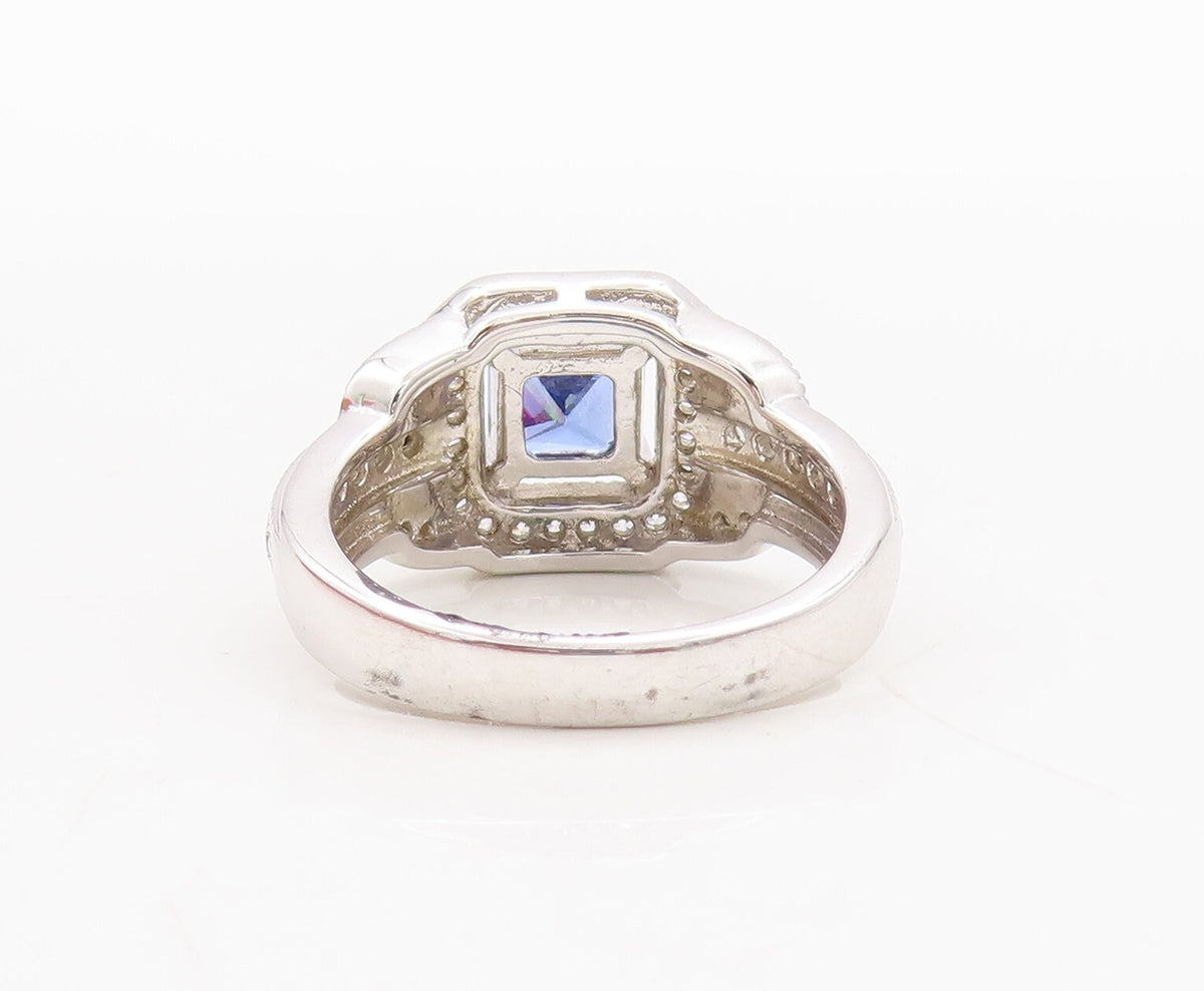 925 Sterling Silver Vintage Ring Designer Square Sapphire CZ Inlay Sz 7 RG29794