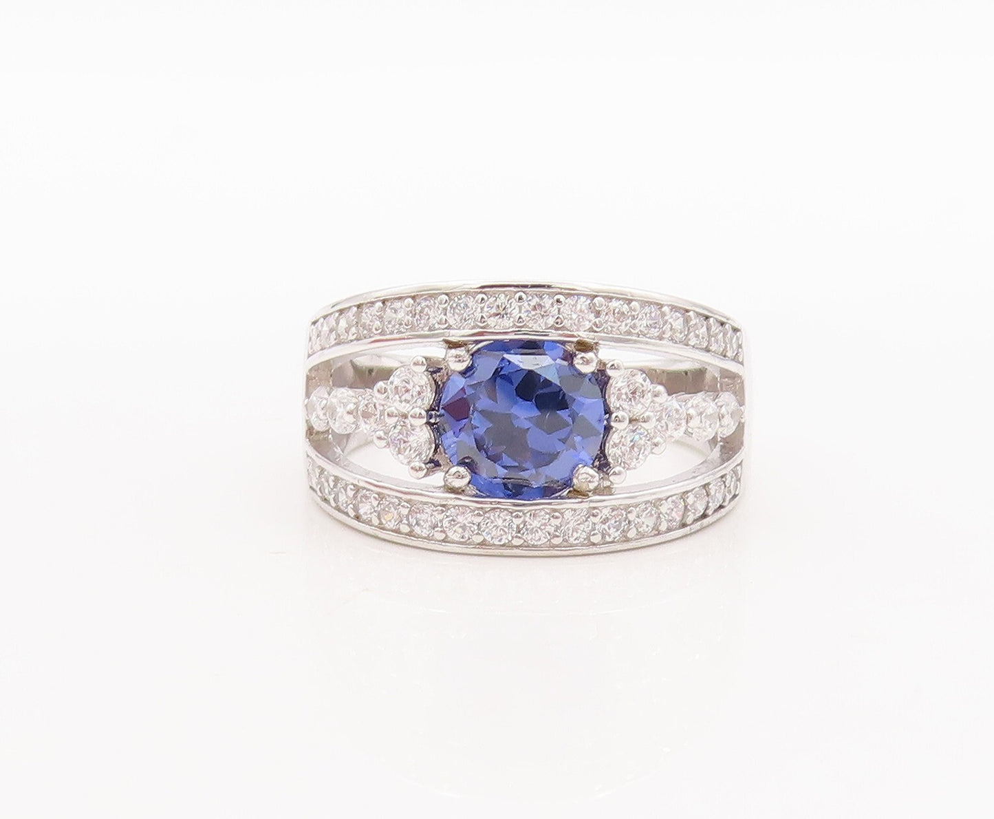 925 Sterling Silver Vintage Ring Designer Cut Sapphire CZ Inlay  Sz 7.5  RG29569