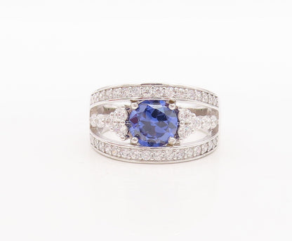 925 Sterling Silver Vintage Ring Designer Cut Sapphire CZ Inlay  Sz 7.5  RG29569