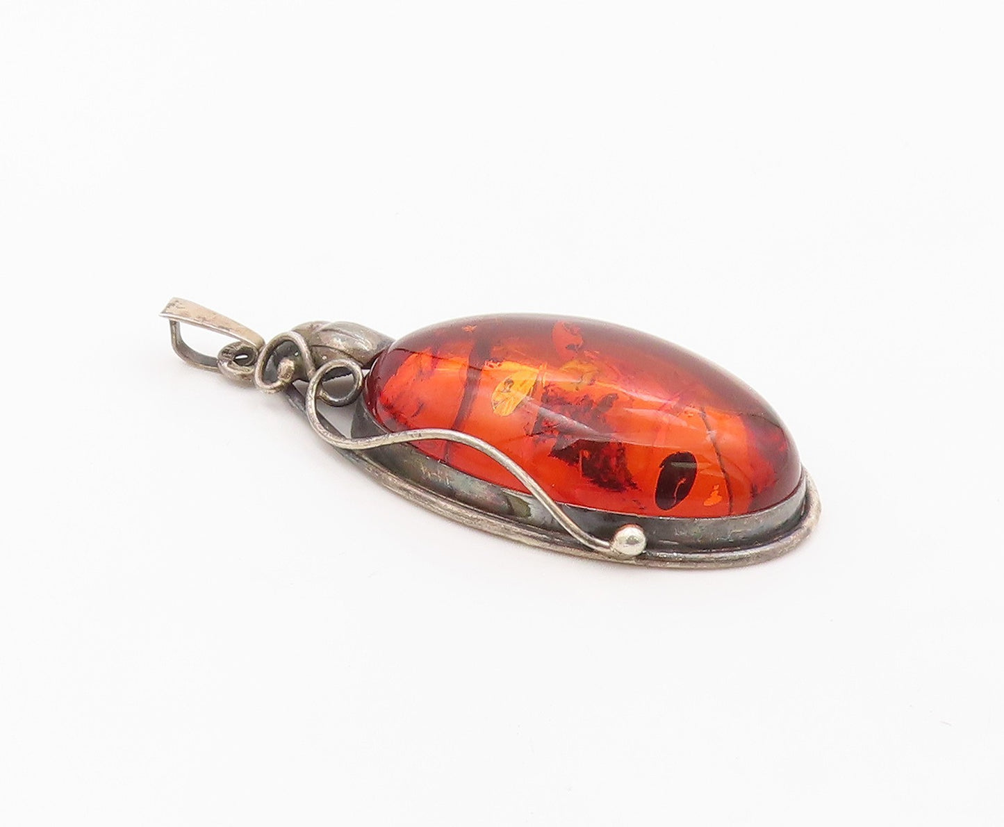 925 Sterling Silver Vintage Pendant POLAND Cabochon Amber Leaf & Berry  PT26354