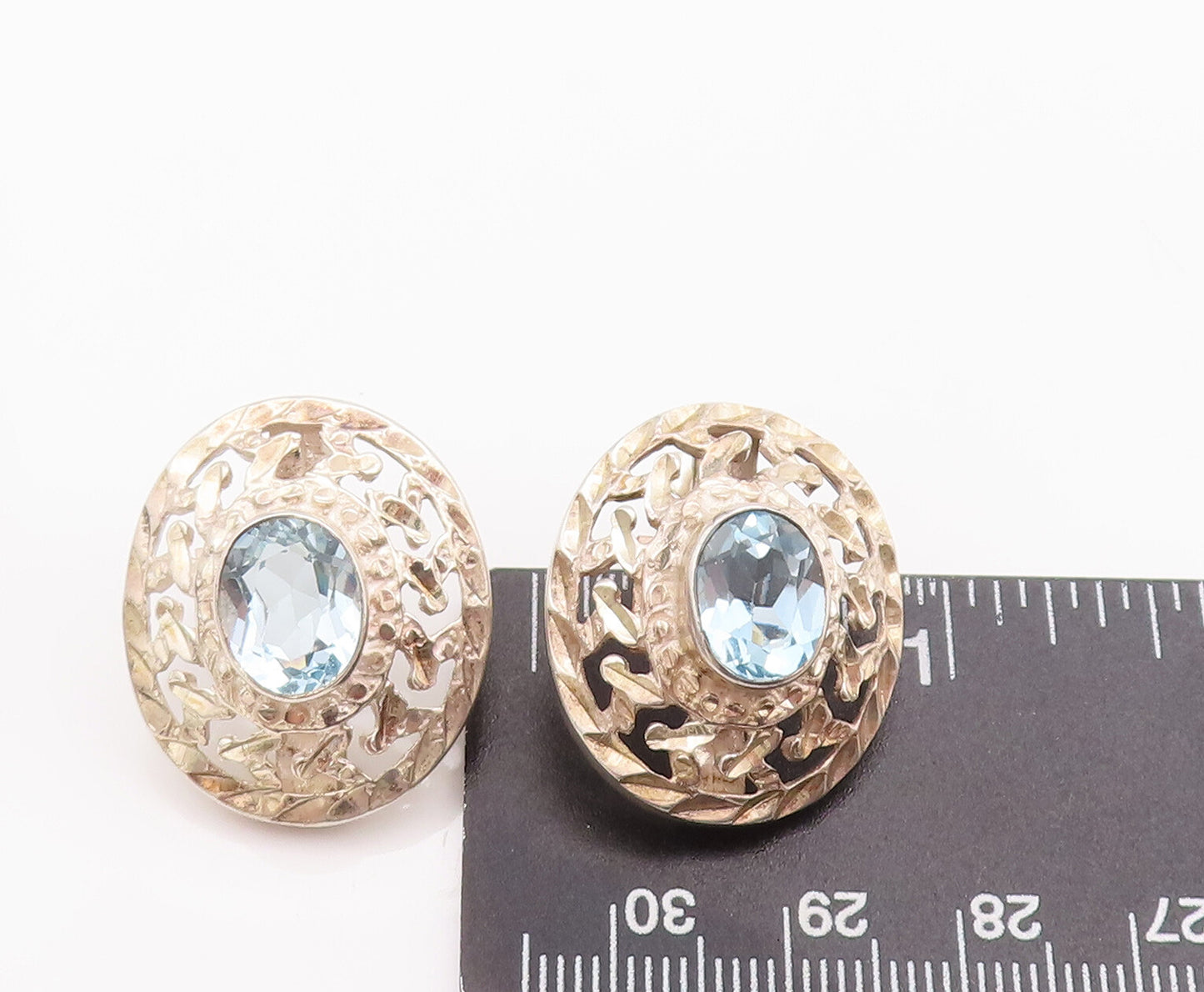 925 Sterling Silver Vintage Earrings Oval CZ Halo Swirly Carved Frame  EG12960