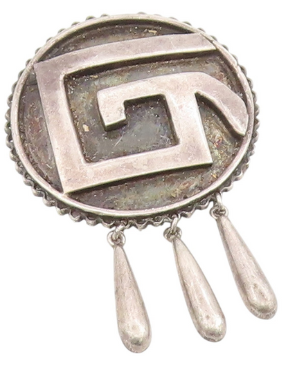 925 Sterling Silver Vintage Brooch Mayan Tribal Round Dangling Pin  BP12250