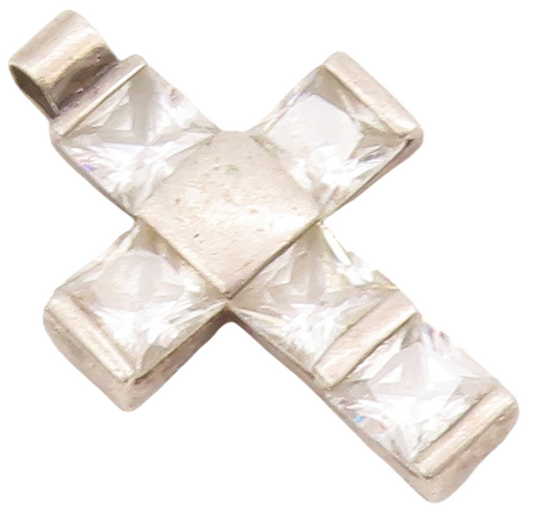 925 Sterling Silver Vintage Pendant Checked Pattern Square Cut CZ Cross  PT23001