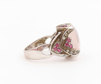 925 Sterling Silver Vintage Ring Rose Quartz & Ruby Statement Band Sz 9 RG36432