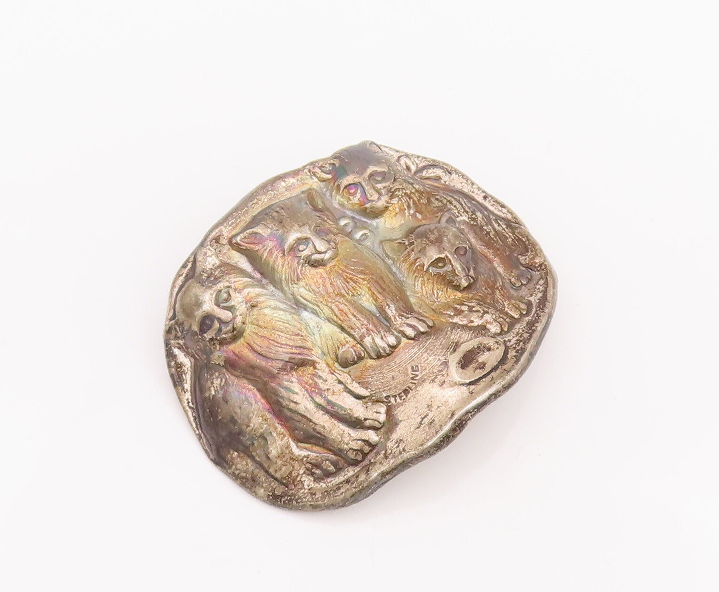 925 Sterling Silver Vintage Brooch Pin Solid Carved Lion Family  BP11037