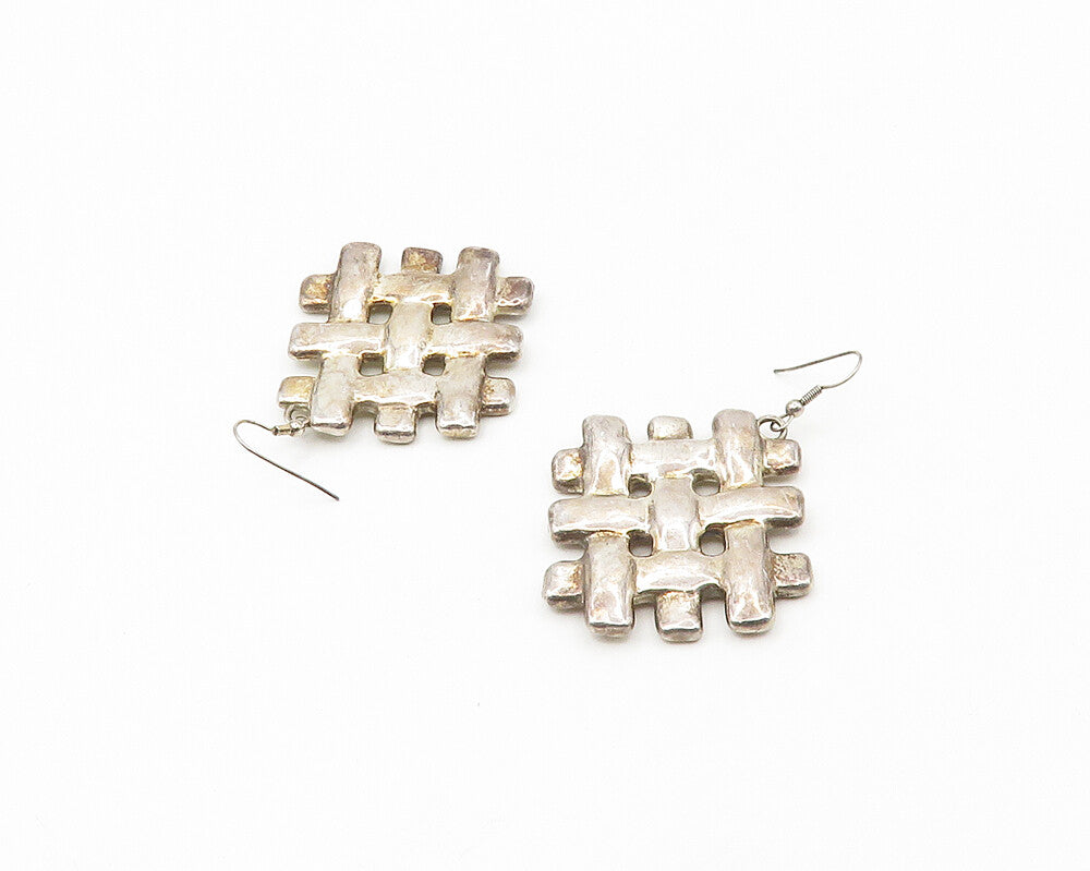 925 Sterling Silver  Vintage Shiny Woven Design Square Dangle Earrings  EG9451