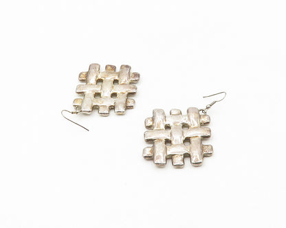 925 Sterling Silver  Vintage Shiny Woven Design Square Dangle Earrings  EG9451