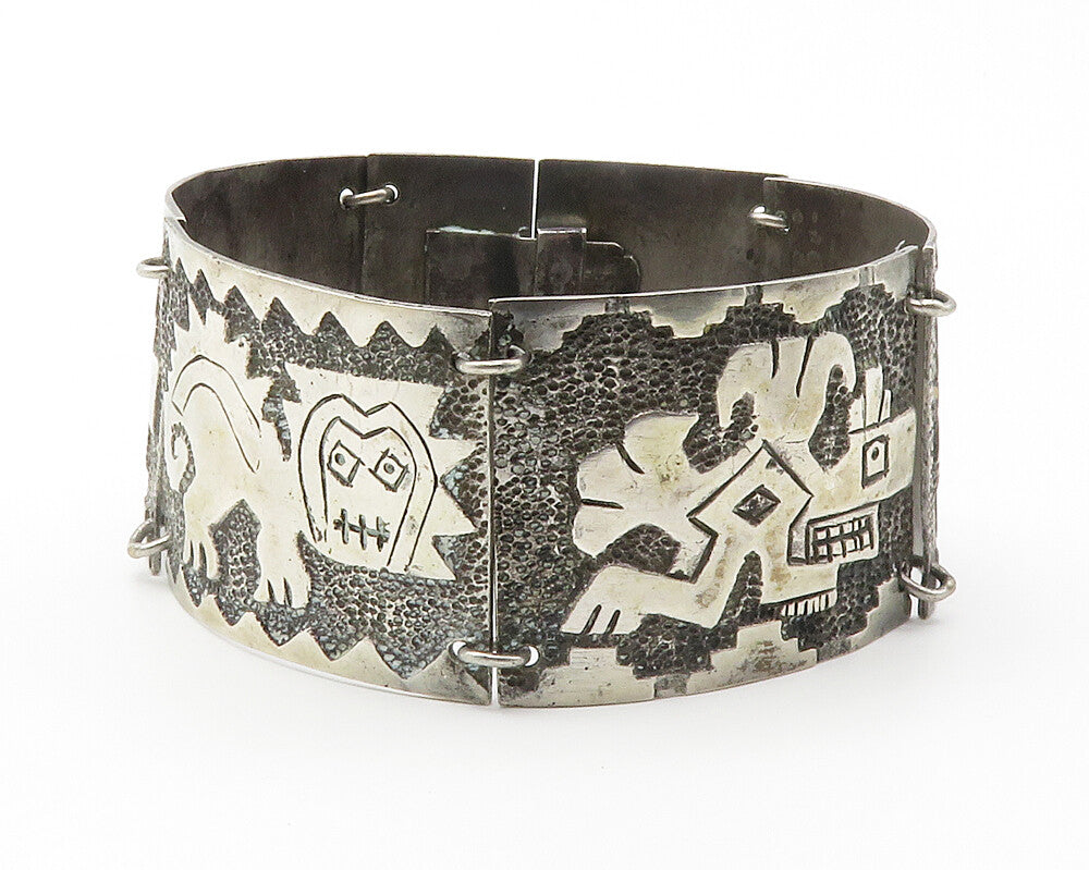 925 Sterling Silver  Vintage Antique Storyteller Panel Chain Bracelet  BT5537