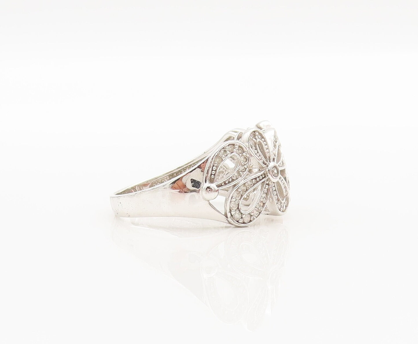 925 Sterling Silver Vintage Ring Solid Cutout CZ Beaded Flowers Sz 10.5  RG28301