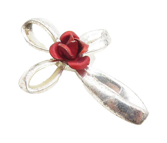 925 Sterling Silver  Petite Shiny Rose Flower Religious Cross Pendant  PT7843